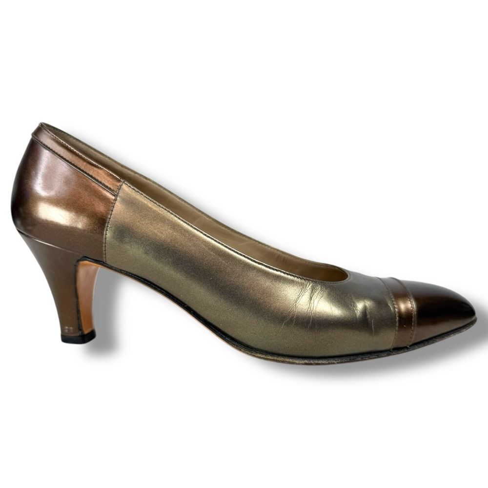 Salvatore Ferragamo Italian Leather Pumps Bronze Luxury Heels 6.5 AA Narrow
